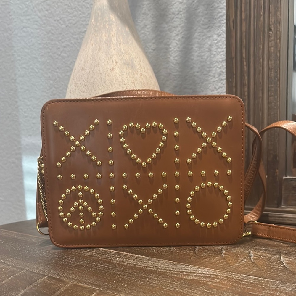 Moschino Brown and Gold Crossbody Bag with Studded Detailing